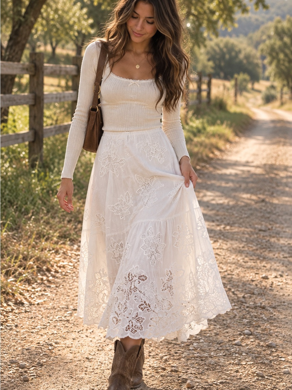 Boho Lace Tiered Midi Skirt in Cream